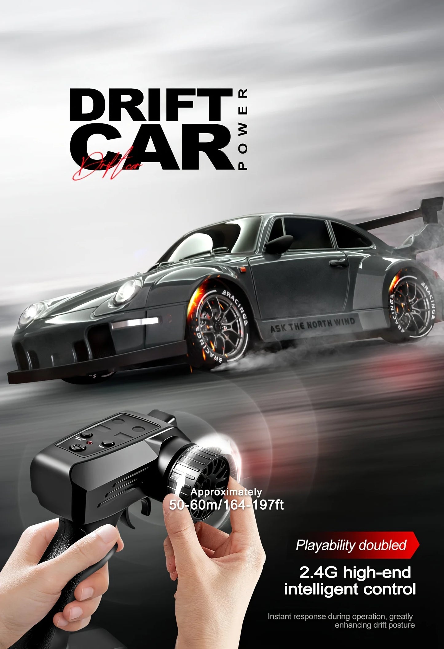 RC Drift Car 20KM/H 4WD High-Speed 1:24 Racing Car with LED Lights Tires Road Barrier ABS Radio Remote Control Toy Car Kid Adlut