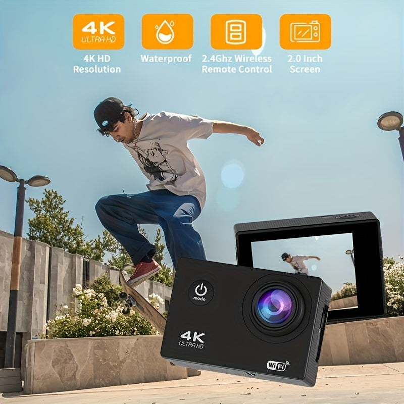 Durable 4K Ultra HD Action Camera - Waterproof, WiFi Connected, Remote Control, 170° Wide-Angle Lens, 8GB Card - Capture Epic Adventures in Stunning Detail