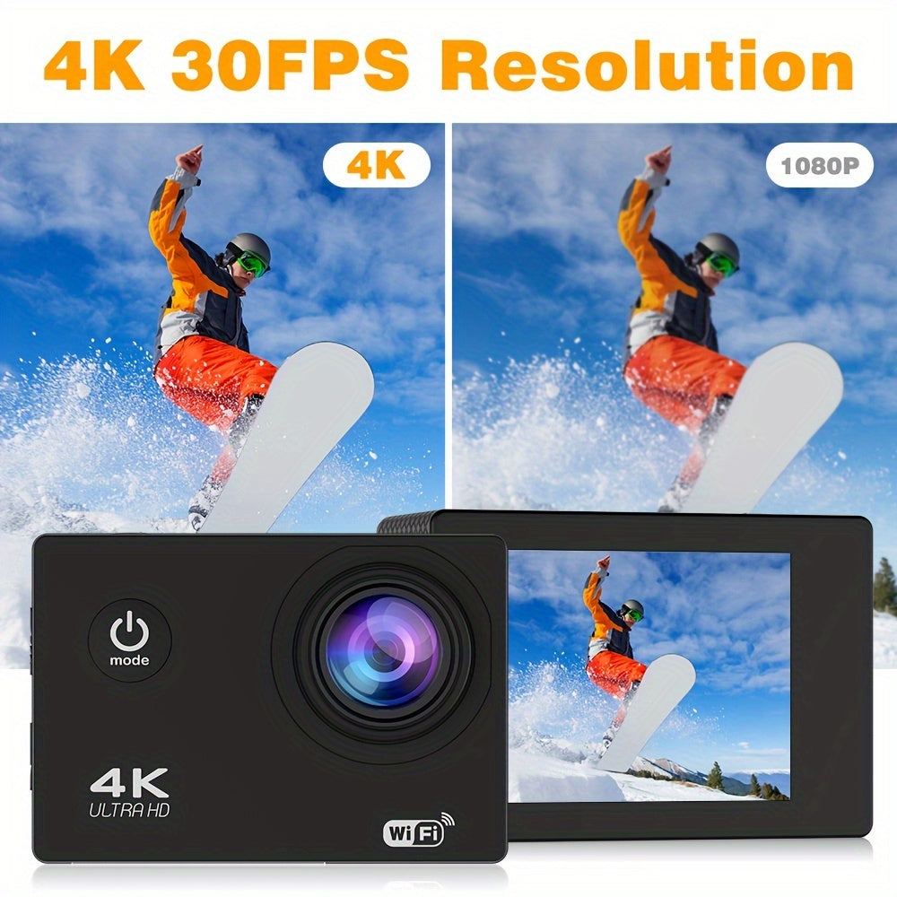Durable 4K Ultra HD Action Camera - Waterproof, WiFi Connected, Remote Control, 170° Wide-Angle Lens, 8GB Card - Capture Epic Adventures in Stunning Detail