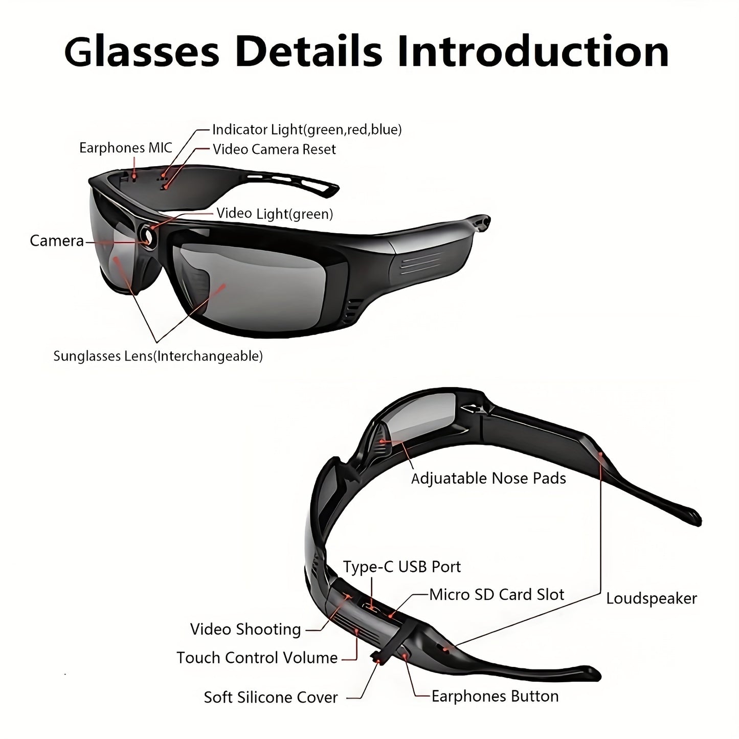 HD 1080P Action Camera Smart Video Audio Sunglasses, BT Wireless Music Speaker Easy Wear Sports Camera Glasses For Biking, Skiing, Motorcycling, Fishing, Travelling Mini Camera