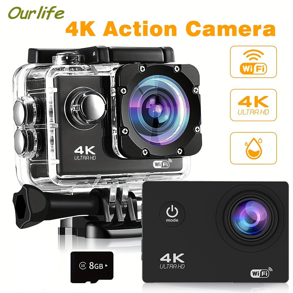 Durable 4K Ultra HD Action Camera - Waterproof, WiFi Connected, Remote Control, 170° Wide-Angle Lens, 8GB Card - Capture Epic Adventures in Stunning Detail