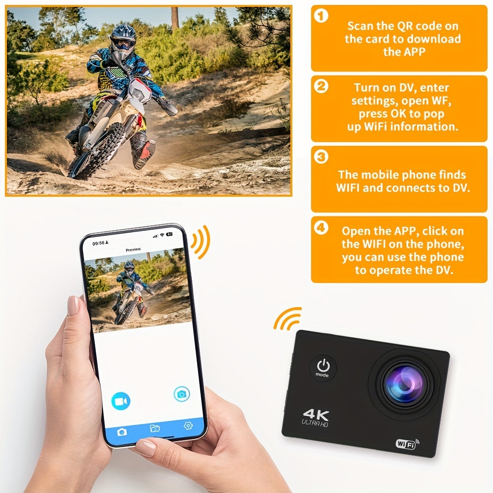 Durable 4K Ultra HD Action Camera - Waterproof, WiFi Connected, Remote Control, 170° Wide-Angle Lens, 8GB Card - Capture Epic Adventures in Stunning Detail