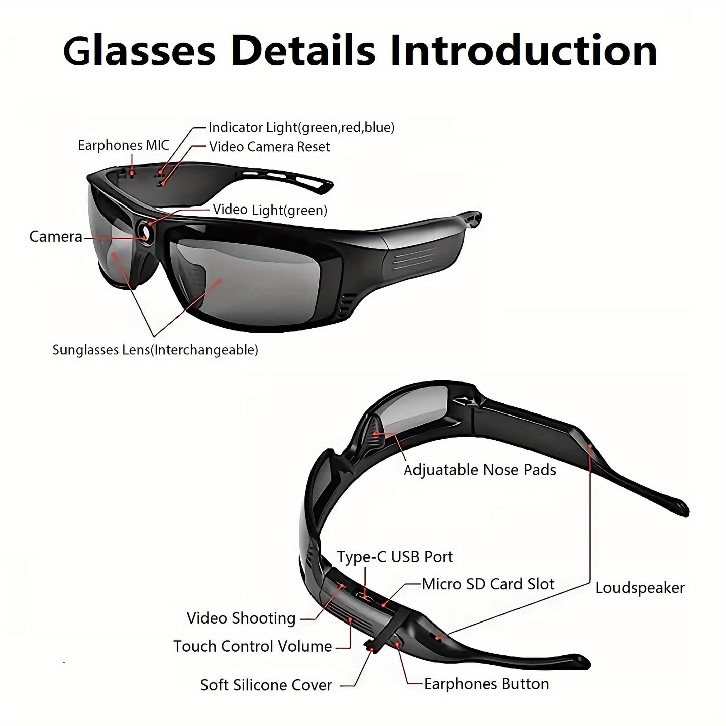 HD 1080P Action Camera Smart Video Audio Sunglasses, BT Wireless Music Speaker Easy Wear Sports Camera Glasses For Biking, Skiing, Motorcycling, Fishing, Travelling Mini Camera