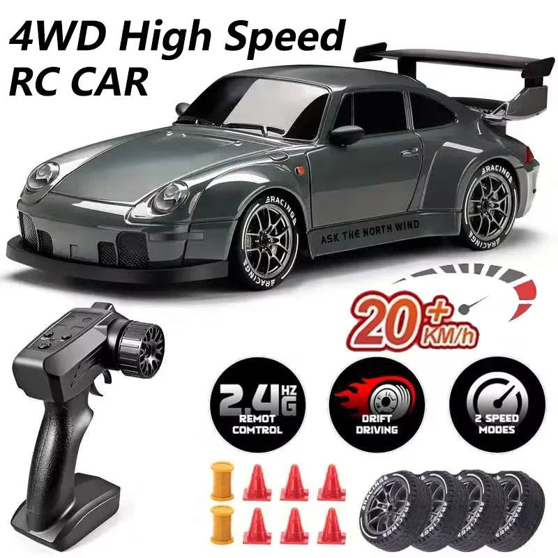 RC Drift Car 20KM/H 4WD High-Speed 1:24 Racing Car with LED Lights Tires Road Barrier ABS Radio Remote Control Toy Car Kid Adlut