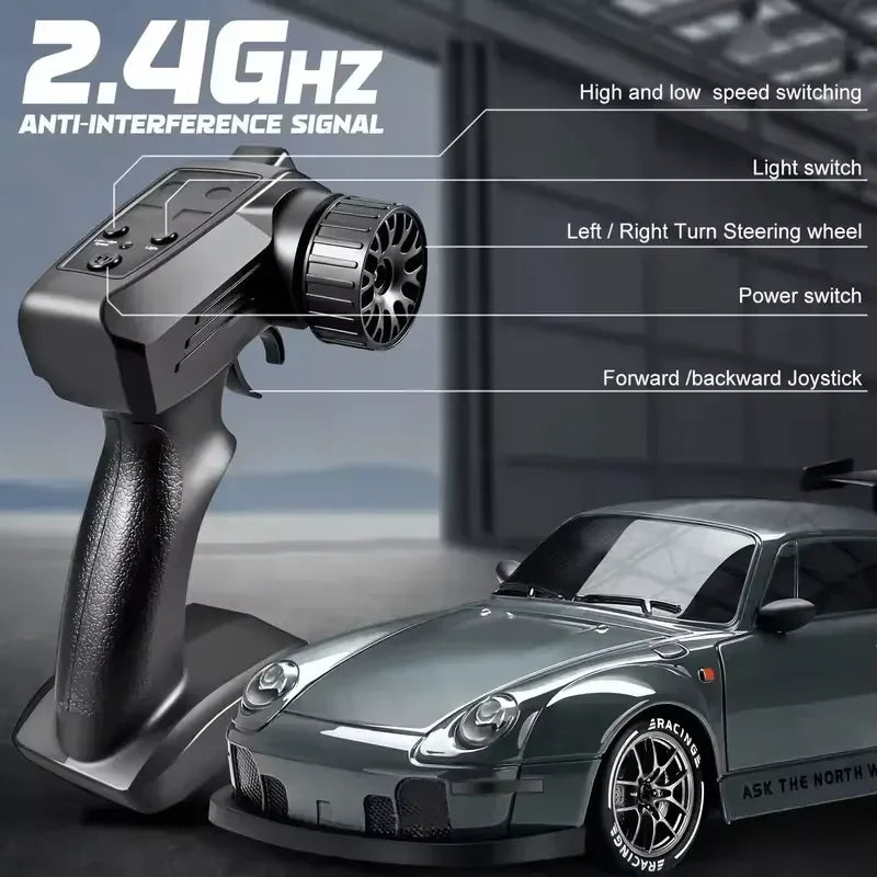 RC Drift Car 20KM/H 4WD High-Speed 1:24 Racing Car with LED Lights Tires Road Barrier ABS Radio Remote Control Toy Car Kid Adlut