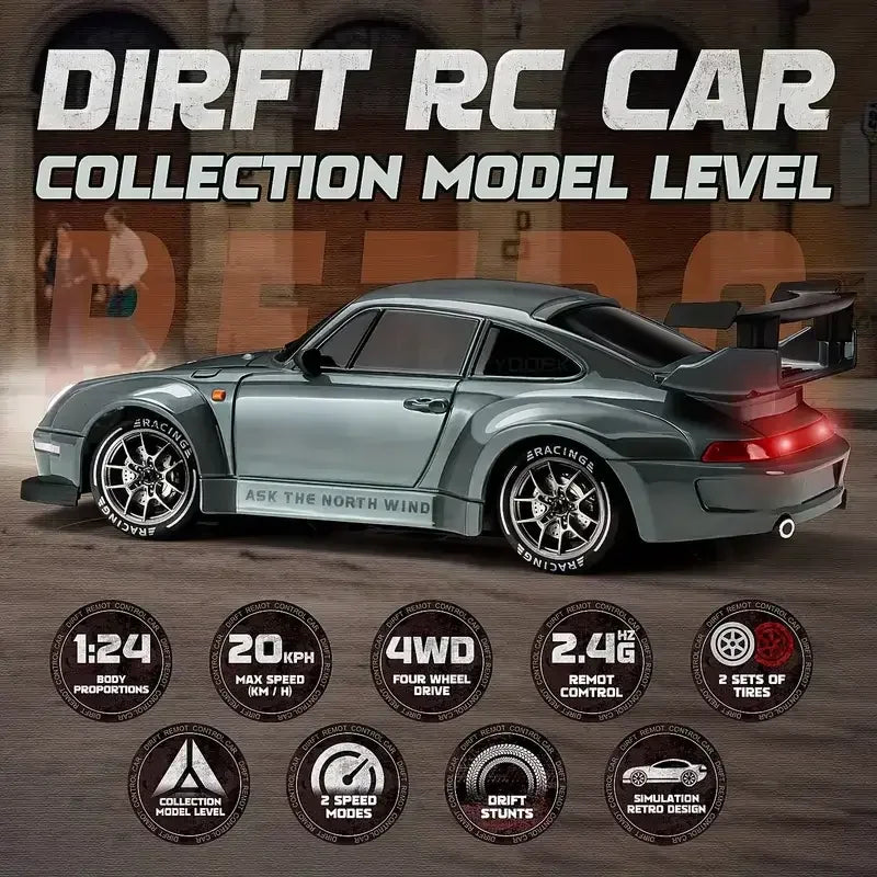 RC Drift Car 20KM/H 4WD High-Speed 1:24 Racing Car with LED Lights Tires Road Barrier ABS Radio Remote Control Toy Car Kid Adlut