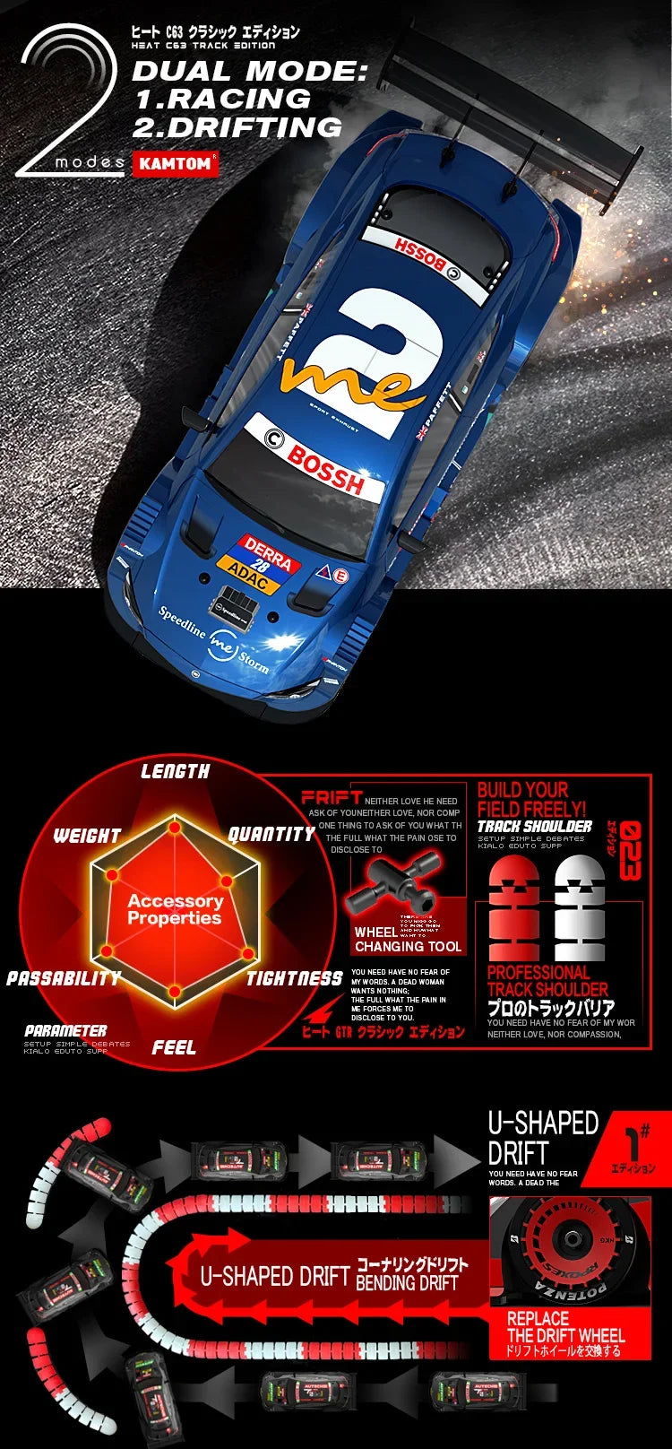 Drift Car 1:16 40km/h 2.4G 4WD High Speed 3 Type of Tire 2 sets of Tail Classic Edition Professional Racing Rc Cars for Adults