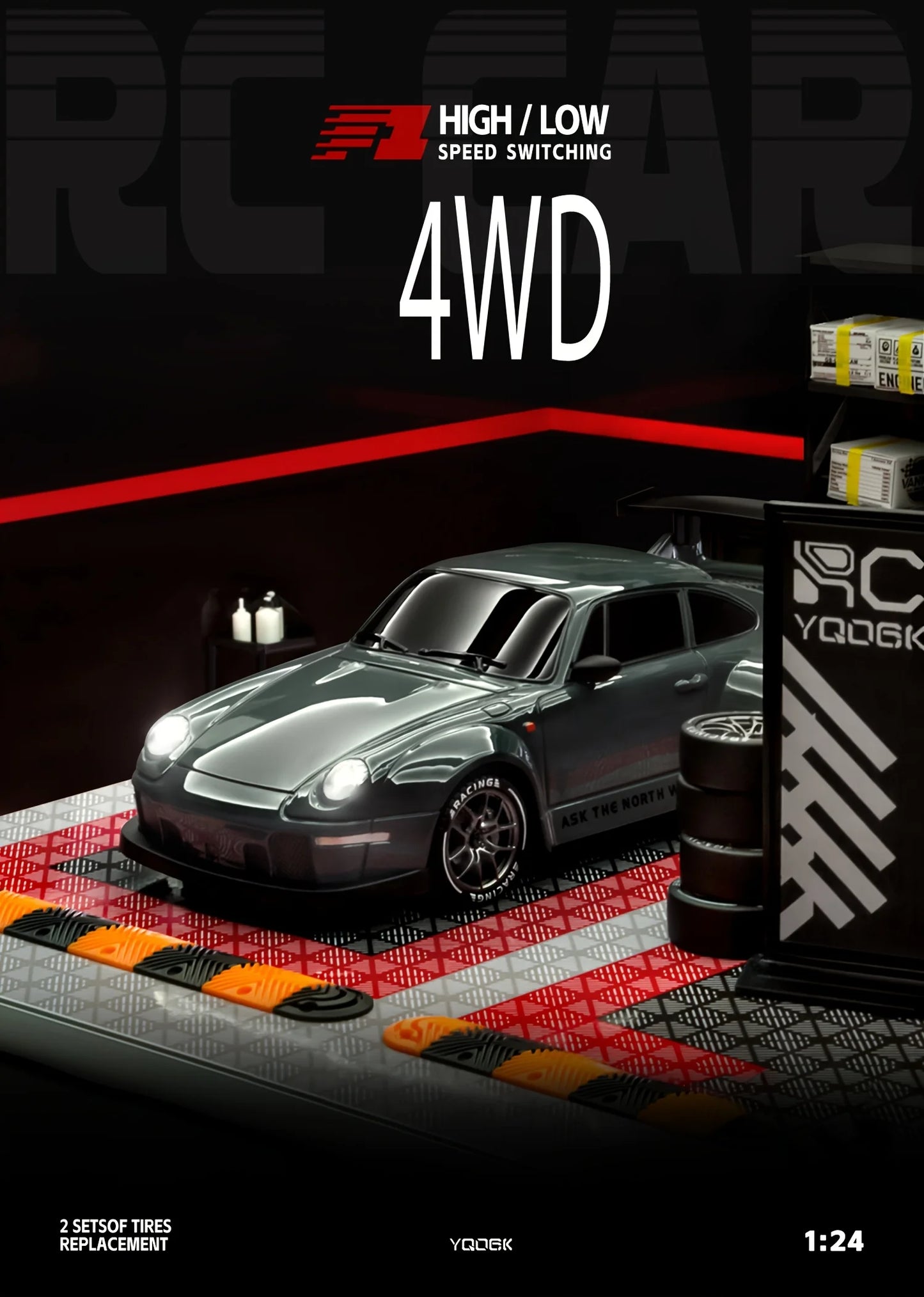 RC Drift Car 20KM/H 4WD High-Speed 1:24 Racing Car with LED Lights Tires Road Barrier ABS Radio Remote Control Toy Car Kid Adlut
