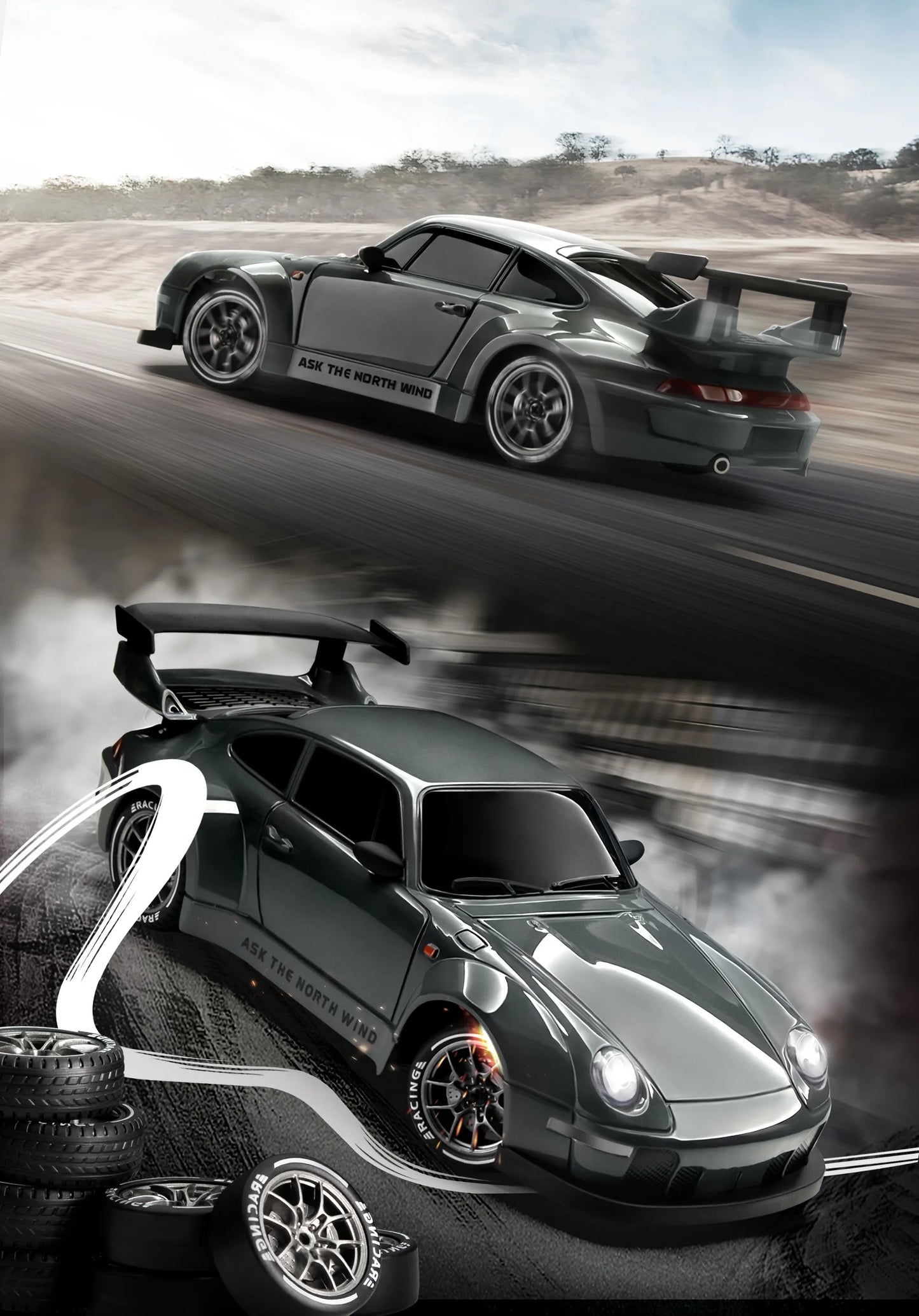 RC Drift Car 20KM/H 4WD High-Speed 1:24 Racing Car with LED Lights Tires Road Barrier ABS Radio Remote Control Toy Car Kid Adlut