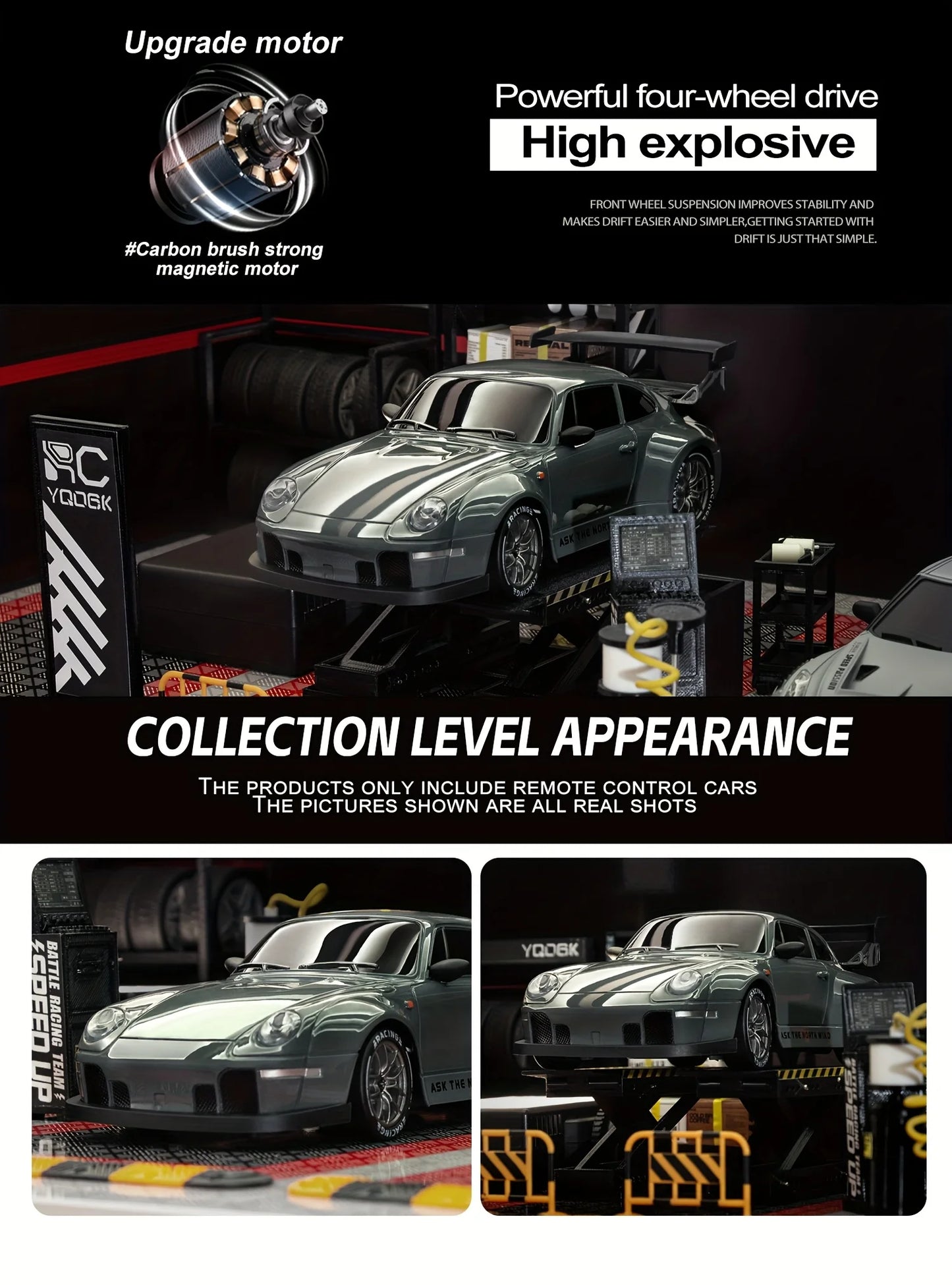 RC Drift Car 20KM/H 4WD High-Speed 1:24 Racing Car with LED Lights Tires Road Barrier ABS Radio Remote Control Toy Car Kid Adlut
