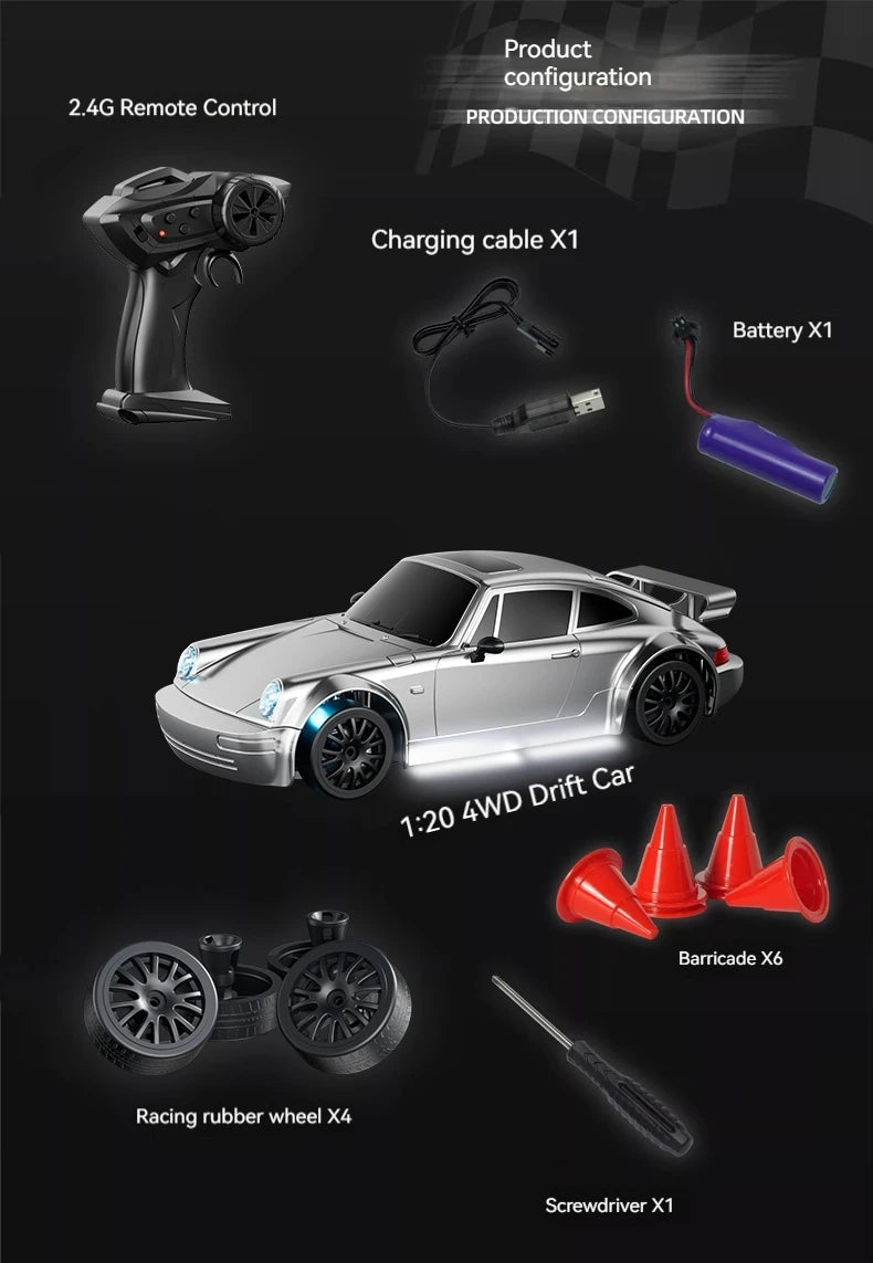 RC Drift Car 20KM/H 4WD High-Speed 1:24 Racing Car with LED Lights Tires Road Barrier ABS Radio Remote Control Toy Car Kid Adlut