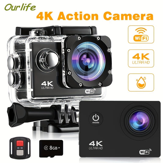 Durable 4K Ultra HD Action Camera - Waterproof, WiFi Connected, Remote Control, 170° Wide-Angle Lens, 8GB Card - Capture Epic Adventures in Stunning Detail